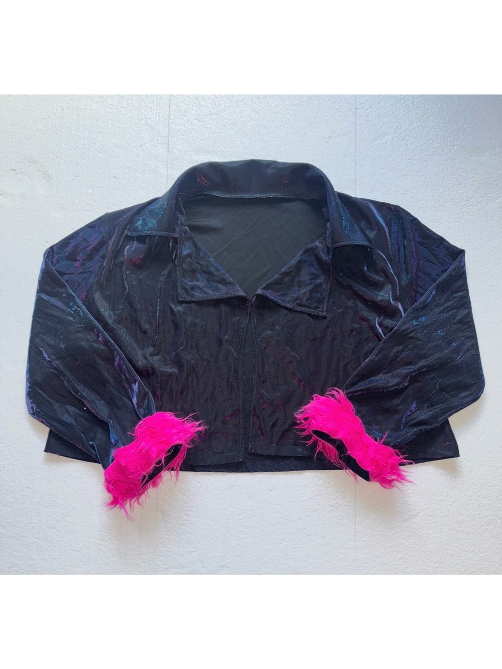 Iridescent Faux Fur Cuffs Open Front Jacket 2XL